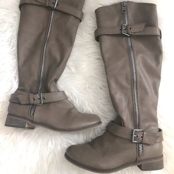 Shoes - Taupe Buckle Knee High Boots
